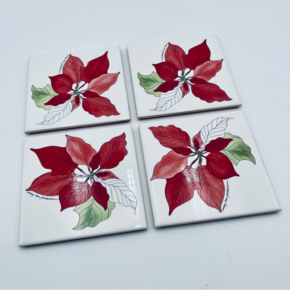 VTG 80s Poinsettia Coaster Set (4) Portugal Tile Cork Holidays Cottage